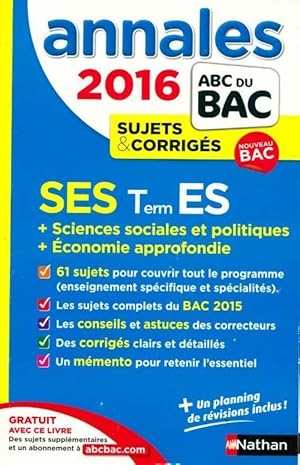 Sciences économiques et sociales Terminales ES Sujets corrigés 2016 - Cécile Bouquillion