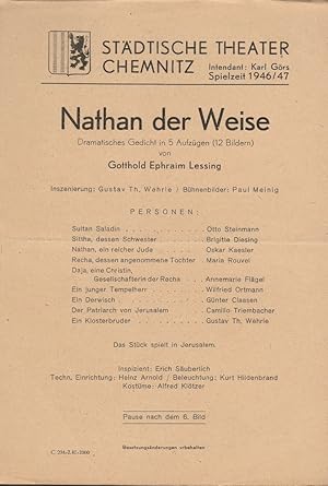 Seller image for Theaterzettel Gotthold Ephraim Lessing NATHAN DER WEISE Spielzeit 1946 / 47 for sale by Programmhefte24 Schauspiel und Musiktheater der letzten 150 Jahre
