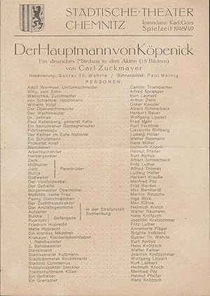 Seller image for Theaterzettel Carl Zuckmayer DER HAUPTMANN VON KPENICK Spielzeit 1948 / 49 for sale by Programmhefte24 Schauspiel und Musiktheater der letzten 150 Jahre