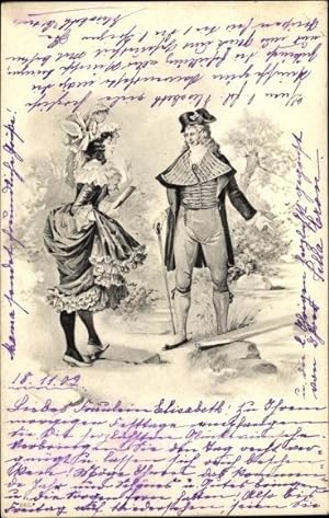 Bild des Verkufers fr Knstler Ansichtskarte / Postkarte Elegante Dame und Mann, Holzbrett ber einen Fluss zum Verkauf von akpool GmbH