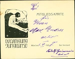 Mitglieds-Karte (nach einem Entwurf von Carl Schwalbach) für Herrn Max Endres als aktives Mitglied.
