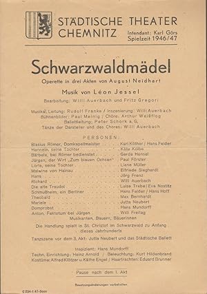 Seller image for Theaterzettel Leon Jessel SCHWARZWALDMDEL Spielzeit 1946 / 47 for sale by Programmhefte24 Schauspiel und Musiktheater der letzten 150 Jahre