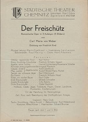 Seller image for Theaterzettel Carl Maria von Weber DER FREISCHTZ Spielzeit 1947 / 48 for sale by Programmhefte24 Schauspiel und Musiktheater der letzten 150 Jahre