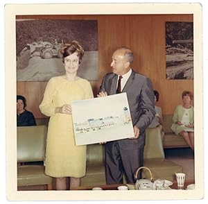 WOMAN & MAN HOLD ARCHITECTURAL DRAWING 1960s COLOR SNAPSHOT PHOTO