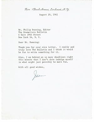 TYPED LETTER TO THE EDITOR OF THE DRAMATISTS BULLETIN SIGNED BY PLAYWRIGHT AND AUTHOR OF "PLEASE ...