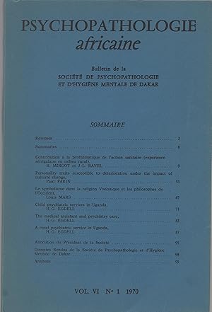 Bild des Verkufers fr Psychopathologie africaine. - Bulletin de la Socit de Psychopathologie et d'Hygine Mentale de Dakar. - Vol. VI. - N 1 zum Verkauf von PRISCA