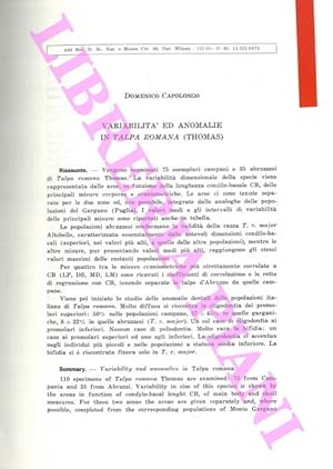 Bild des Verkufers fr Variabilit ed anomalie in Talpa romana (Thomas) . zum Verkauf von Libreria Piani