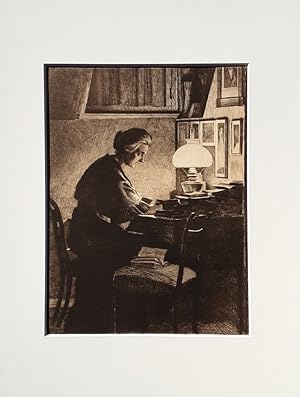 Image du vendeur pour Bei der Lampe. - (Originalradierung / 1911, typographisch bezeichnet) mis en vente par BuchKunst-Usedom / Kunsthalle