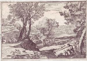 Landschaft mit drei Figuren rechts und einem gefallenen Baumstamm im linken Vordergrund (bei Bart...