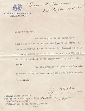 Immagine del venditore per Lettera dattiloscritta con nota e firma autografa. Carta Intestata 'Il Capo di Stato Maggiore Della Marina'. venduto da DARIS SAS