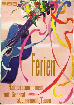 Plakat - Ferien - Halbtaxabonnement mit Generalabonnement-Tagen - SBB. Lithographie.