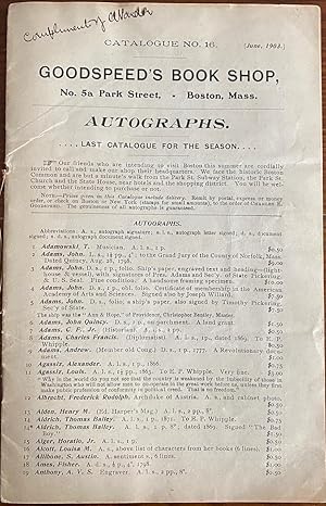 Seller image for Catalogue No. 16 [June, 1903] Goodspeed's Book Shop Autographs for sale by Lord Durham Rare Books (IOBA)