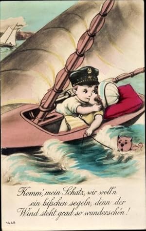 Image du vendeur pour Ansichtskarte / Postkarte Kinder als Paar auf einem Segelboot, Kuss, Hund im Wasser, Komm' mein Schatz mis en vente par akpool GmbH