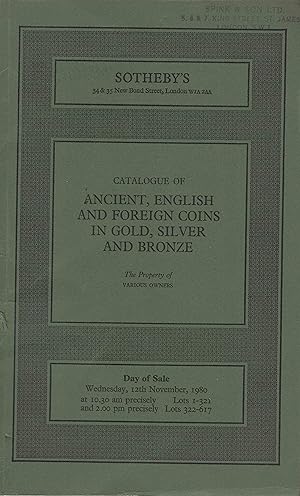 Bild des Verkufers fr Catalogue of Ancient, English and Foreign coins, in Gold, Silver and Bronze, 12th November 1980 zum Verkauf von Librairie Archaion