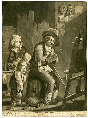 Bild des Verkufers fr Antique Master Print-POOR PAINTER-FAMILY-MEZZOTINT-Both-Schenk-c.1690 zum Verkauf von Pictura Prints, Art & Books