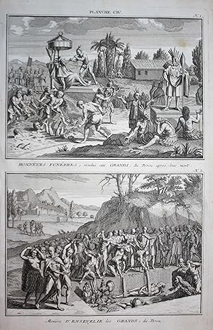 Bild des Verkufers fr Honneurs Funebres, rendus aux Grands, du Perou apres leux mort. / Maniere D'Ensevelier les Grands, du Perou." - Peru Indians Indianer South America funeral burial Begrbnis Bestattung Beerdigung ritual ceremony zum Verkauf von Antiquariat Steffen Vlkel GmbH