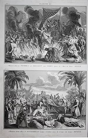 Imagen del vendedor de Maniere dont les Femmes se Brulent aux Indes apres la Mort de leurs Epoux. / Maniere dont elles S' Enterrent toutes vivantes avec le Corps de leurs Epoux." - India Indien Asia funeral Self-immolation buring Suicide Selbstmord a la venta por Antiquariat Steffen Vlkel GmbH