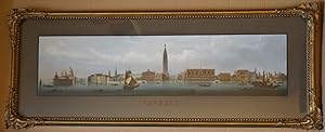 Venedig / Venezia. Große Panorama-Ansicht vom Meer aus, rechts mit einem Raddampfer. Fein gouachi...