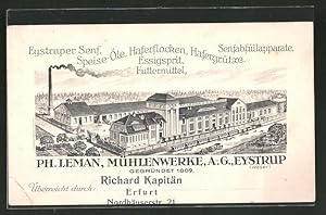 Vertreterkarte Eystrup, Mühlenwerke, Ph. Leman, Eisenbahn neben Fabrikgebäude