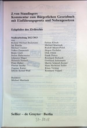 Imagen del vendedor de J. von Staudingers Kommentar zum Brgerlichen Gesetzbuch mit Einfhrungsgesetz und Nebengesetzen: Eckpfeiler des Zivilrechts. a la venta por books4less (Versandantiquariat Petra Gros GmbH & Co. KG)