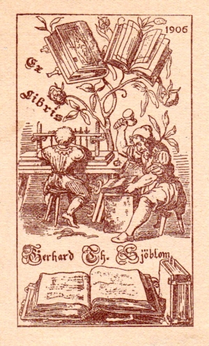 Bild des Verkufers fr Exlibris fr Gerhard Th. Sjblom. Klischedruck nach einem alten Kupferstich. zum Verkauf von Antiquariat Heinz Tessin