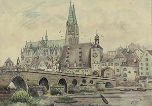 Regensburg, Ansicht , Regensburg. - Ansicht. - "Die DonaubrÃ¼cke in Regensburg".