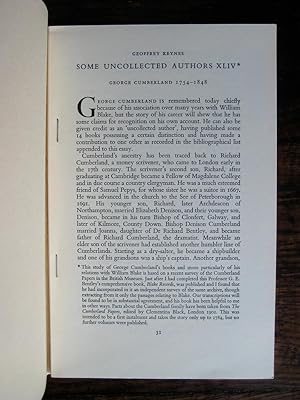 Seller image for Some Uncollected Authors XLIV: George Cumberland 1754-1858. [Offprint from The Book Collector, Spring 1970] for sale by James Fergusson Books & Manuscripts