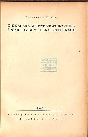 Seller image for Die neuere gutenbergforschung und die losung der costerfrage for sale by WeBuyBooks