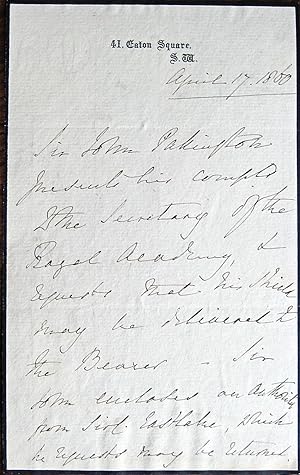Autograph letter, in the third person, to the Secretary of the Royal Academy, 1860