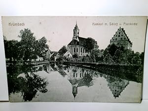 Krumbach. Kammel mit Schloß und Pfarrkirche. Alte AK s/w. Blick über den Fluß zum Ort, Gebäudeans...