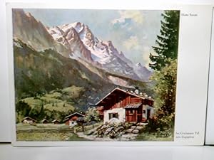 Hans Saum : Im Grainauer Tal mit Zugspitze. Künstler AK farbig. Hütten, Gebirgsmassive, Panoramab...