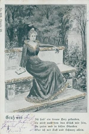 Glitzer Künstler Ansichtskarte / Postkarte Frisch, Dame liest ein Buch auf einer Parkbank