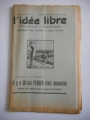 Imagen del vendedor de L'idee libre" - n7 - aout-octobre 1959 - Il y a 50 ans Ferrer etait assassine - Echec de l'abbe Pierre aupres de Nehru a la venta por Frederic Delbos