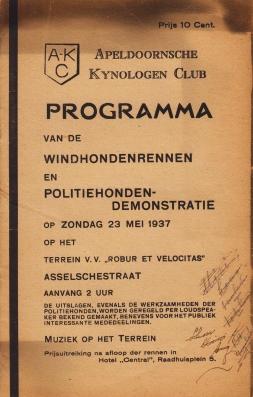 Programma van de windhondenrennen en politiehondendemonstratie op Zondag 23 Mei 1937.
