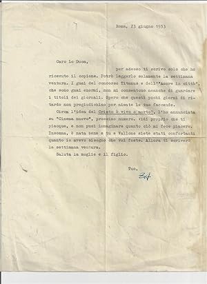 Lettre Dactylographiée 23 Giugno 1953 Adressée à LO DUCA