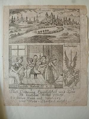 Orig. Kupferstich: Stadtansicht Amiens Sprüche, Salom. 31 p. 13. Wappen Von Heerdegen.