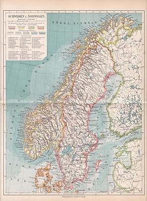 Original historische kolorierte Landkarte: Schweden und Norwegen, Maßstab 1 : 7.000.000","