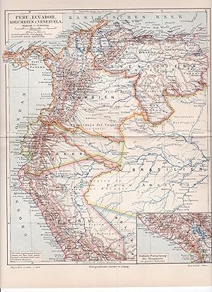Alte Landkarte 1909: Peru Mkl7 Ecuador Kolumbien und Venezuela Brasilien 