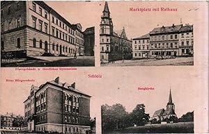 Schleiz Marktplatz mit Rathaus, Pfarrgebäude, Bürgerschule, Bergkirche, gelaufen