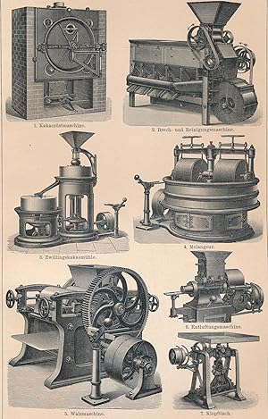 Schokoladenfabrikation: 1. Kakaoröstmaschine. 2. Brech- und Reinigungsmaschine. 3. Zwillingskakao...