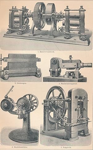 Münztechnik: 1. Zainvorwalzwerk. 2. Gießwagen. 3. Handschabeapparat. 4. Rändelmaschine. 5. Prägwerk.