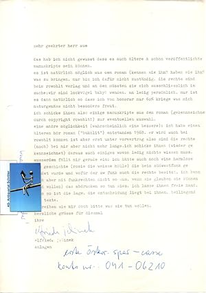Bild des Verkufers fr 30-zeiliger, maschinegeschriebener Brief an Herrn Aue. Unterhalb des Schreibens voll signiert. zum Verkauf von Antiquariat Schrter -Uta-Janine Strmer