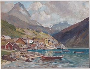 Norge [Norwegen]: Blick auf Merok - Geiranger mit dem Dalsnibba [Geirangerfjord]. Original Gouach...