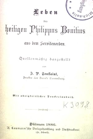Imagen del vendedor de Leben des heiligen Philippus Benitius aus dem Servitenorden. a la venta por books4less (Versandantiquariat Petra Gros GmbH & Co. KG)
