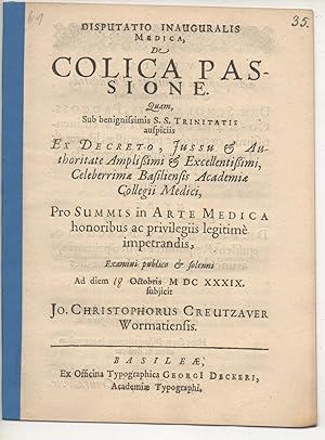 Seller image for Medizinische Inaugural-Disputation. De colica passione. for sale by Wissenschaftliches Antiquariat Kln Dr. Sebastian Peters UG