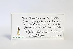 Billet autographe de Paul Bocuse adressé à son amie Jani Brun sur un carton publicitaire de son r...