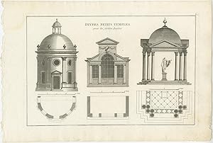 Pl. 8 Antique Print of various Garden Temples by G.L. le Rouge (c.1785)