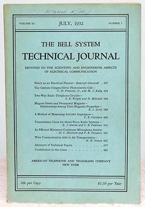 Bild des Verkufers fr The Bell System Technical Journal Volume XI July, 1932 Number 3 zum Verkauf von Argyl Houser, Bookseller