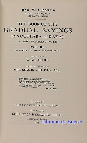 Immagine del venditore per The book of the Gradual Sayings (Anguttara-Nikaya) or more-numbered Suttas Vol. III venduto da Librairie du Bassin