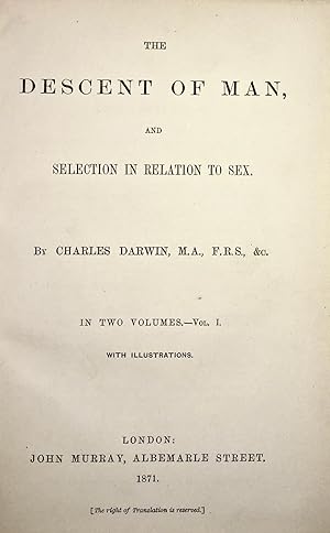 Image du vendeur pour The descent of man, and selection in relation to sex. In two volumes. With illustrations, London, John Murray, 1871. mis en vente par Victor Aizenman (SLAM / ILAB)